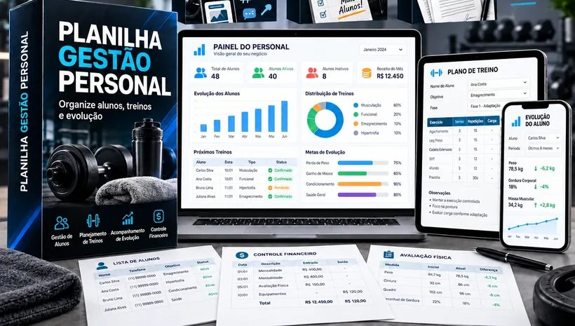 Planilha Gestão Personal aberta no computador, no tablet e no celular